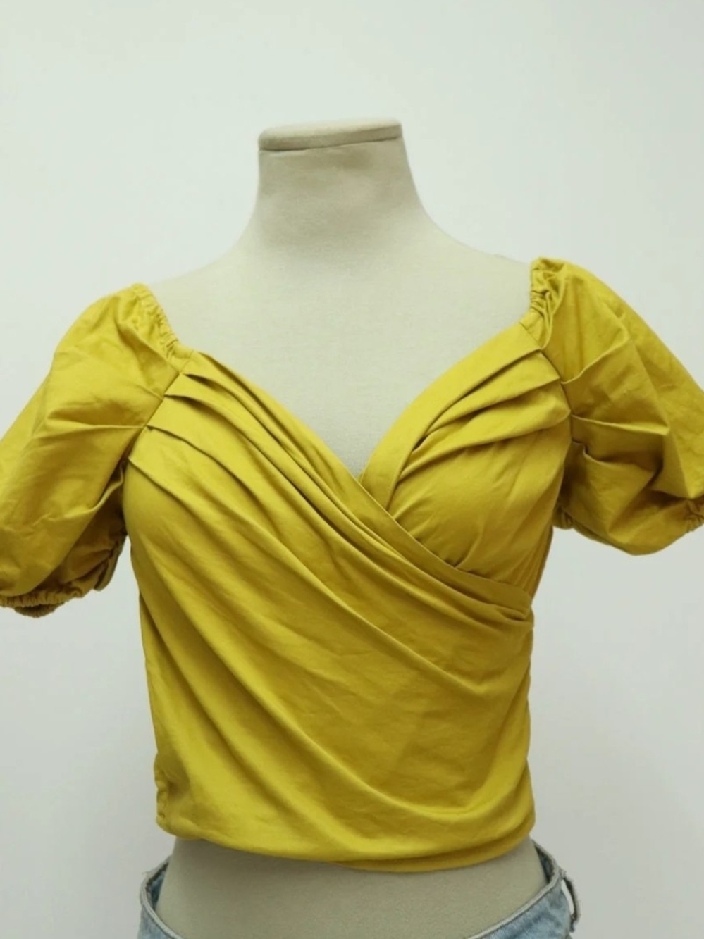 superdown Mustard Greenish-Yellow Puff Sleeve Wrap Top